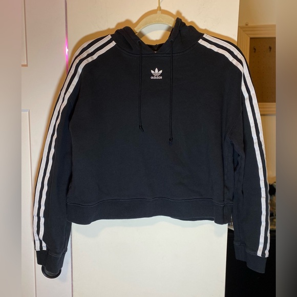 Adidas Cropped Black Hoodie with White Accents - Picture 1 of 7
